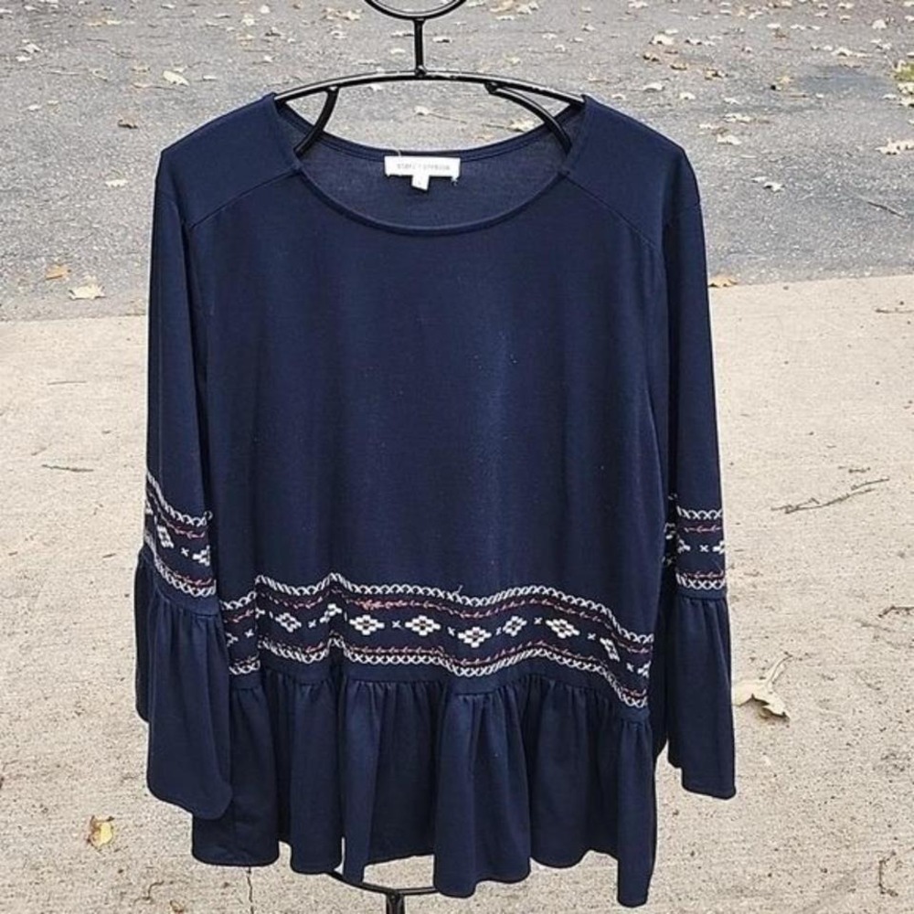 Angel Premium Navy Blue Embroidered Peplum Bell Sleeve Top Womens Large Boho